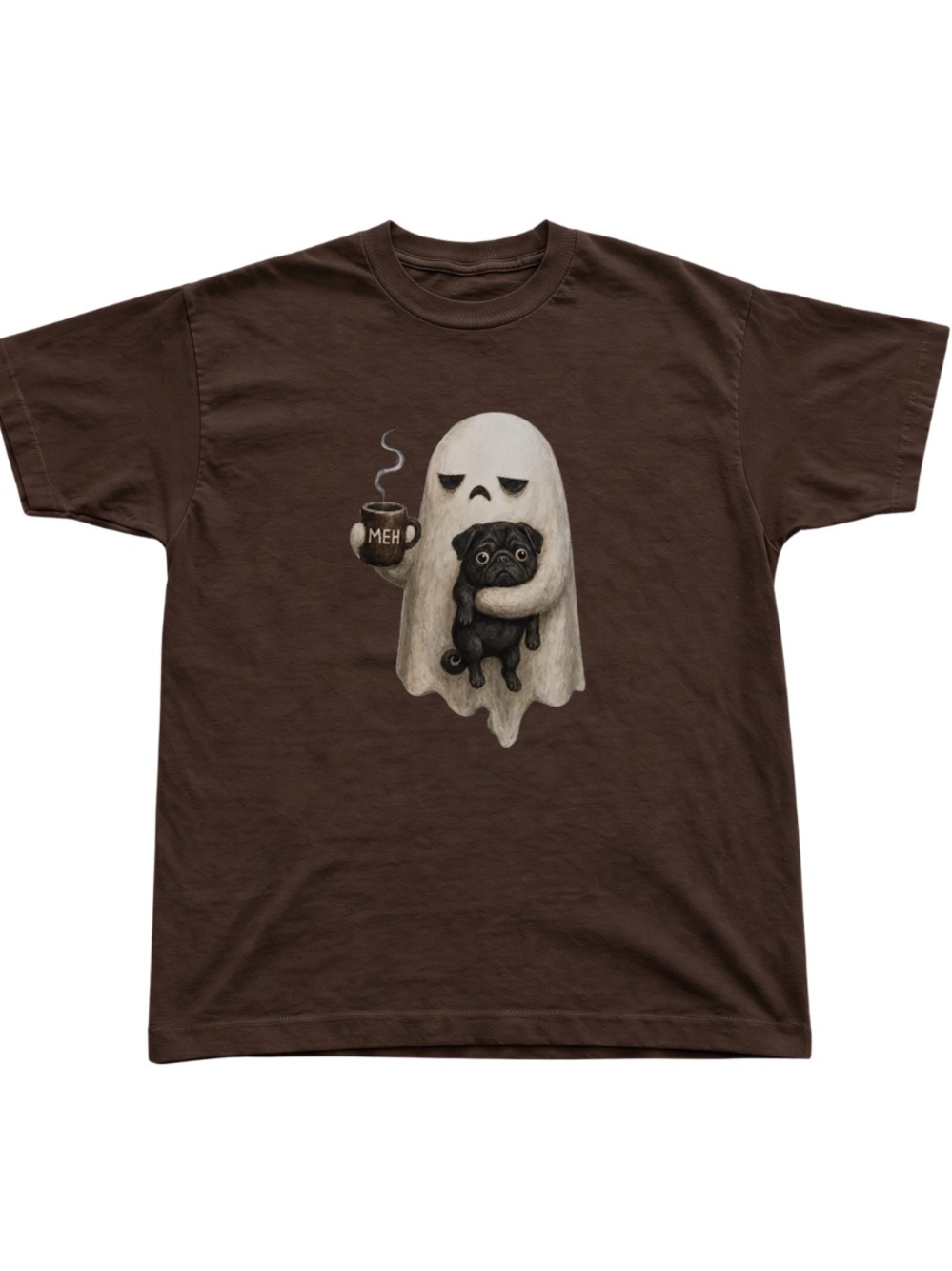 Gildan Brown Short Sleeve Tee with Sleepy Ghost Holding Pug Graphic
